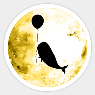 Whale flies with a balloon, black silhouette on the yellow moon Sticker